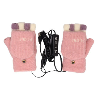 Picture of CRIOEVN USB Heated Fingerless Gloves for Women, Washable Knitting Winter Warmer Laptop Gloves with 3 Temperature Levels,Pink,One Size