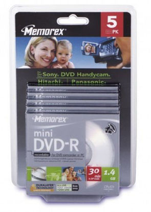 Picture of Memorex Mini DVD-R 8cm, 1.4GB Disc, with Jewel Box, 5 Pack