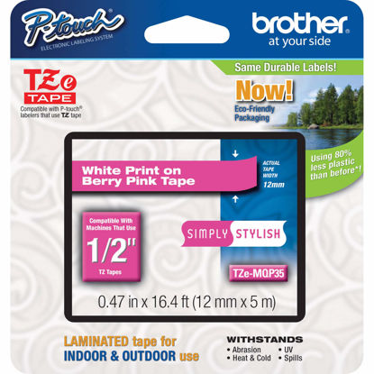 Picture of Brother Genuine P-Touch TZE-MQP35 Tape, 1/2" (0.47") Wide Standard Laminated Tape, White on Berry Pink, Laminated for Indoor or Outdoor Use, Water-Resistant, 0.47" x 16.4' (12mm x 5M), TZEMQP35