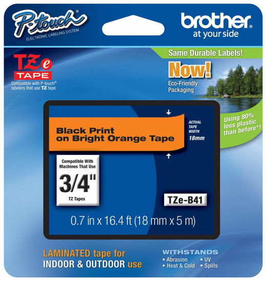 Picture of Brother Genuine P-Touch TZE-B41 Tape, 3/4" (0.7") Wide Standard Laminated Tape, Black on Fluorescent Orange, Laminated for Indoor or Outdoor Use, Water-Resistant, 0.7" x 16.4' (18mm x 5M), TZEB41