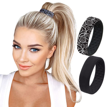 Picture of PONY-O Revolutionary Hair Tie Alternative Ponytail Holders - 2 Pack Swirl and Black Original Patented Hair Styling Accessories - Medium PONY-O for Fine to Normal Hair or Slightly Thick Hair