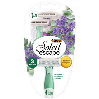 Picture of BIC Soleil Escape Women's Disposable Razors, 3 Blade Razor, Moisture Strip With 100% Natural Almond Oil, Lavender and Eucalyptus Scented Handles, 4 Pack Disposable Razors For Women Green