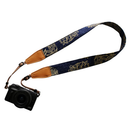 Picture of UNIKSTRAP Original Design Personalized Adjustable Camera Strap "Golden Flowers Line Drawing on Blue", Fit for Canon Nikon Sony Olympus Interchangeable Lens Digital Camera / DSLR etc.