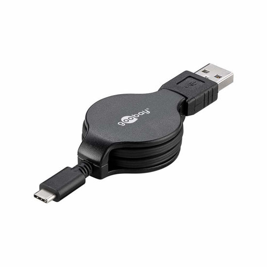 Picture of Goobay 45743 USB-C Charging and Sync Cable, Retractable, Black, 1m Cable Length, 45.2mm Diameter, 50mm Length, 45.2mm Width, 19.5mm Height