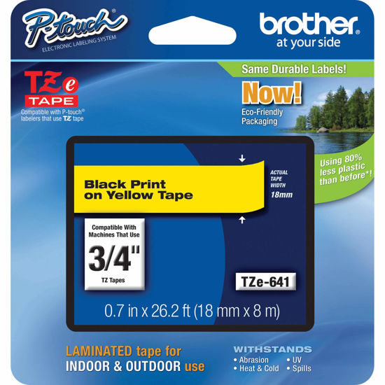 Picture of Brother Genuine P-Touch TZE-641 Tape, 3/4" (0.7") Wide Standard Laminated Tape, Black on Yellow, Laminated for Indoor or Outdoor Use, Water-Resistant, 0.7" x 26.2' (18mm x 8M), Single-Pack, TZE641