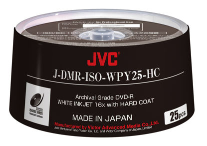 Picture of JVC ISO ARCHIVAL Grade DVD-R Made in Japan White Inkjet 16x Hard Coat 25 Pack Part# J-DMR-ISO-WPY25-HC