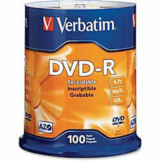 Picture of Verbatim 95102 DVD-R Discs, 4.7Gb, 16X, Spindle, Silver, 100/Pack