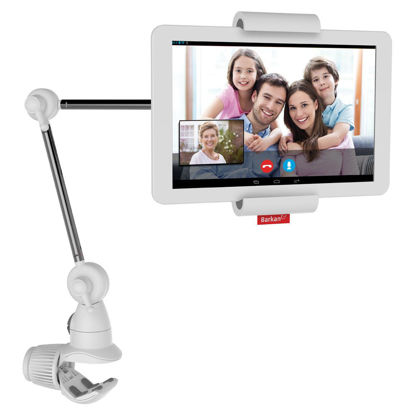 Picture of Barkan Tablet Mount Holder for 7-12 inch Devices, Portable Multi-Position, 360 Degree Rotation Bracket, fits Apple iPad/Air/Mini, Samsung Galaxy Tab, Firm Clamp, Multi Surface White and Silver