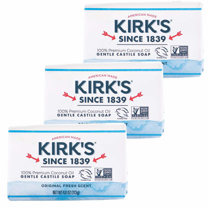 Picture of Kirk's Castile Bar Soap Clean Soap for Men, Women & Children| Premium Coconut Oil | Sensitive Skin Formula, Vegan | Original Fresh Scent | 4 oz. Bars - 3 Pack