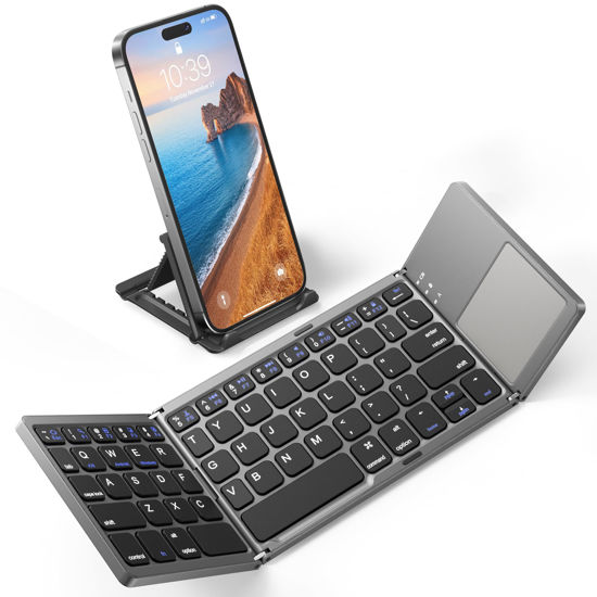 Picture of Foldable Bluetooth Keyboard with Touchpad - Samsers Portable Wireless Keyboard with Stand Holder, Rechargeable Full Size Ultra Slim Pocket Folding Keyboard for Android Windows IOS Tablet & Laptop-Gray