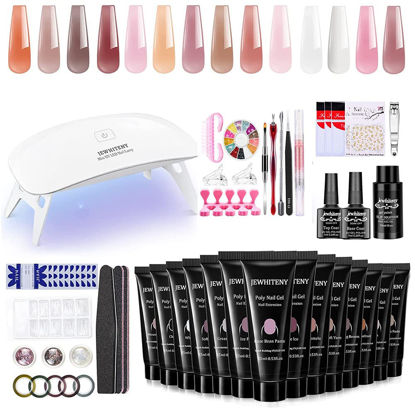 Picture of JEWHITENY 14 Pcs Poly Gel Nail Kit With U V Light Starter Kit Nude Clear Pink Brown Poly Extension Gel Nail Kit With Base Top Coat Nail Art Tools All In One Kit Starter Kit