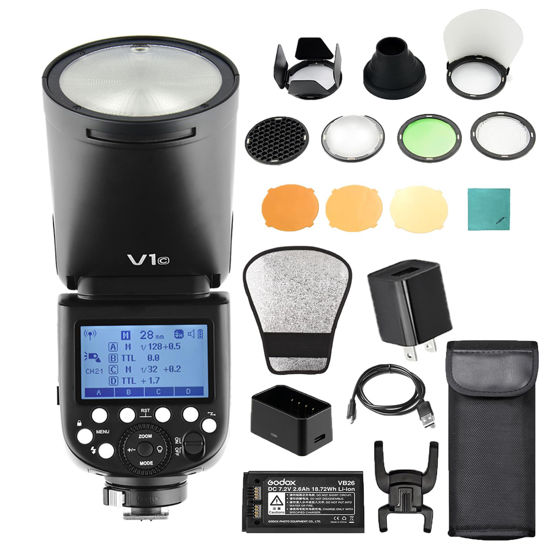 Picture of Godox V1C Camera Flash Speedlite Speedlight Round Head Compatible with Canon EOS Series 1500D 3000D 5D Mark LLL 5D Mark ll for Wedding Portrait Studio Photography + Godox AK-R1 Pocket Flash Light Acce