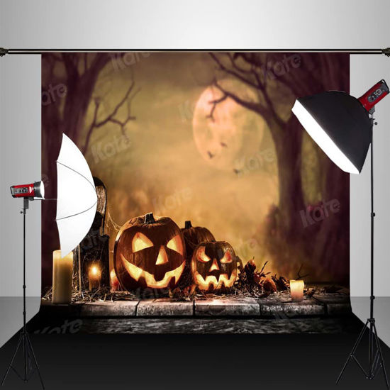 Picture of Kate 7x5ft/2.2x1.5m Halloween Pumpkin Backdrop Moon Horrible Forest Computer Printed Fabric Background Photo Studio Props