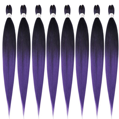 Picture of Pre-Stretched Braiding Hair Extensions-42 Inch 8 Packs Synthetic Braiding Hair Ombre Black to Purple Crochet Braids, Natural Easy Braid Crochet Hair, Hot Water Setting Professional Soft Yaki Straight Texture (42inch, 1B/Purple)