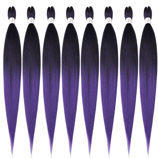 Picture of Pre-Stretched Braiding Hair Extensions-42 Inch 8 Packs Synthetic Braiding Hair Ombre Black to Purple Crochet Braids, Natural Easy Braid Crochet Hair, Hot Water Setting Professional Soft Yaki Straight Texture (42inch, 1B/Purple)