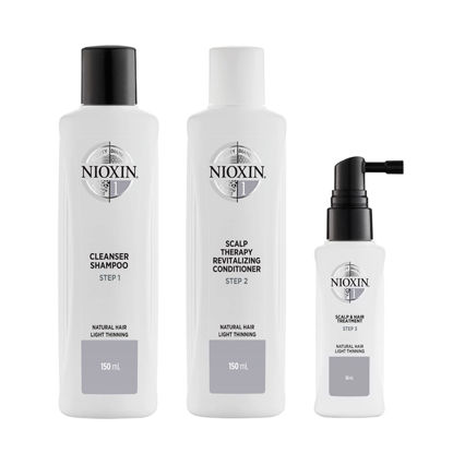 Picture of Nioxin System Kit 1, Hair Strengthening & Thickening Treatment, Treats & Hydrates Sensitive or Dry Scalp, For Natural Hair with Light Thinning, Trial Size (1 Month Supply)