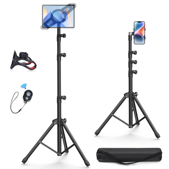 Picture of IPad Tripod Floor Stand - Reinforced Telescoping Tablet Holder Stand, Height Adjustable 360° Rotating Mount for All 7 to 12 Inches Tablets, with Carrying Case, Phone Holder, Bluetooth Remote Control