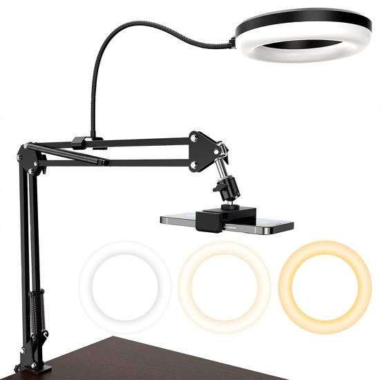 Picture of MagLoop Overhead Camera Mount with Ring Light, 6‘’ Canvas Lamp with Phone Holder Compatible with iPhone Camera Webcam, Articulating Arm Phone Mount for YouTube Live Stream Cooking Nail Video Recording