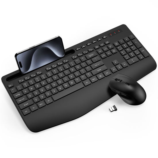 Picture of Wireless Keyboard and Mouse Combo - Full-Sized Ergonomic Keyboard with Wrist Rest, Phone Holder, Sleep Mode, Silent 2.4GHz Cordless Keyboard Mouse Combo for Computer, Laptop, PC, Mac, Windows -Trueque