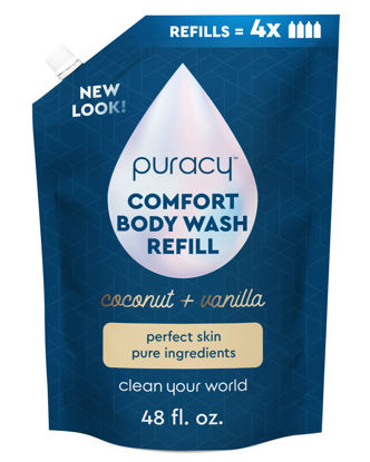 Picture of Puracy Body Wash Refill - Perfect Skin - 98.6% Pure Plant Ingredients, Moisturizing Natural Shower Gel for Dry and Sensitive Skin, Invigorating Scent (Coconut & Vanilla, 48 Ounce)