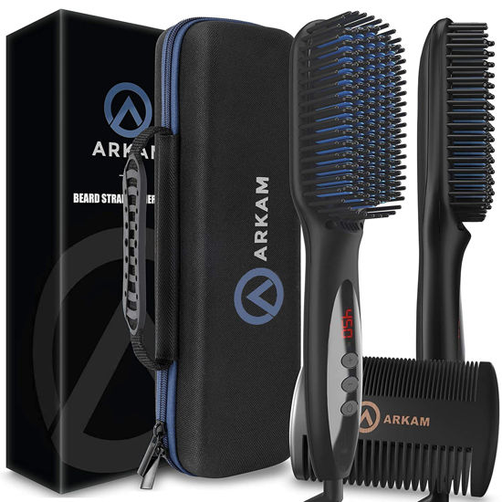 Picture of Arkam Beard Straightener for Men -Premium Heated Beard Brush Kit w/Anti-Scald Feature, Dual Action Hair Comb and Hard Shell Travel Case for Medium to Long Beards - Costume and Grooming Gifts for Men