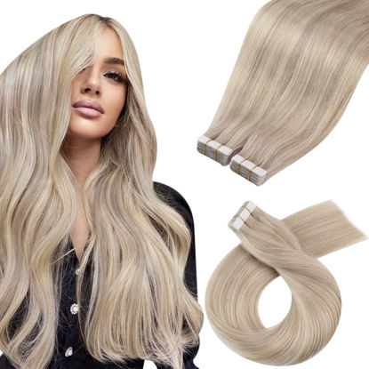 Picture of Moresoo Tape in Blonde Hair Extensions Human Hair Ash Blonde Mix with Bleach Blonde Tape in Hair Extensions Real Human Hair Tape in Seamless Hair Extensions 10 Inch #P18/613 40pcs 60g