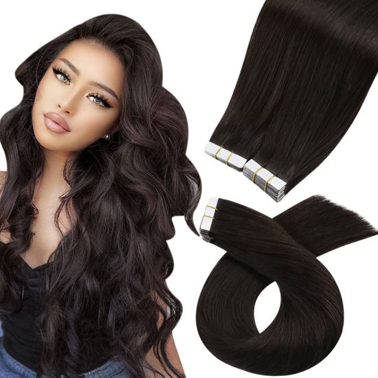 Picture of Moresoo Tape in Hair Extensions Brown 12 Inch Real Hair Tape in Extensions Human Hair 40 Pieces Straight Remy Hair Extensions #2 Darkest Brown Hair Extensions Tape in Human Hair 60g