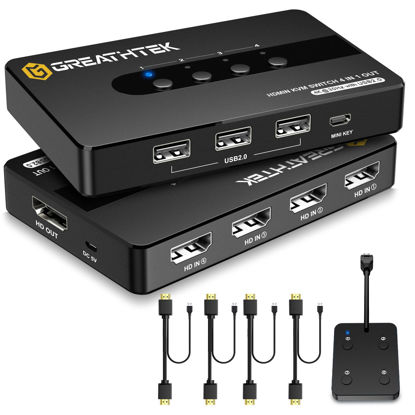 Picture of HDMI KVM Switch 4 Computers 1 Monitor,4 Port Kvm Switches Support UHD4K@30HZ with 3 USB2.0 Port to Share Keyboard Mouse Printer,4 in 1 Out Monitor Switch with Remote Control& Button Switch, Simulatio