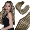 Picture of Sunny Tape in Hair Extensions Human Hair Ombre, Dark Brown Roots to Light Brown with Blonde Highlights Tape in Human Hair Extensions, Seamless Glue in Hair Extensions Skin Weft 14inch 20pcs/50g