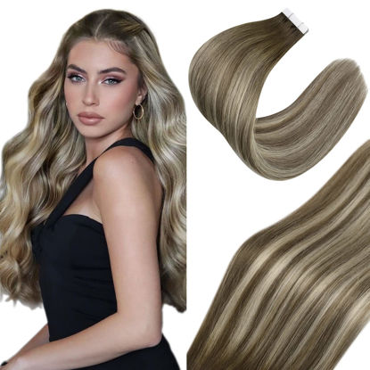 Picture of Sunny Tape in Hair Extensions Human Hair Ombre, Dark Brown Roots to Light Brown with Blonde Highlights Tape in Human Hair Extensions, Seamless Glue in Hair Extensions Skin Weft 14inch 20pcs/50g