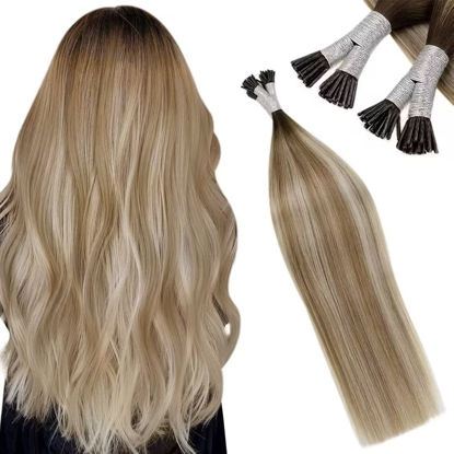 Picture of LAAVOO I Tip Hair Extensions Human Hair 14" Keratin Fusion Hair Extensions Ombre Balayage Brown to Medium Brown with Blonde Remy Itip Extensions Pre Bonded Human Hair Extensions 40g 50s