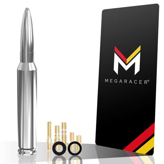 Picture of Mega Racer Silver 50 Cal Bullet Antenna for Trucks - 5.5 Inch Universal Fit, AM/FM Radio, 6061 Solid Aluminum, Anti-Theft Design, Car Wash Safe, Antenna Replacement, 1 Piece