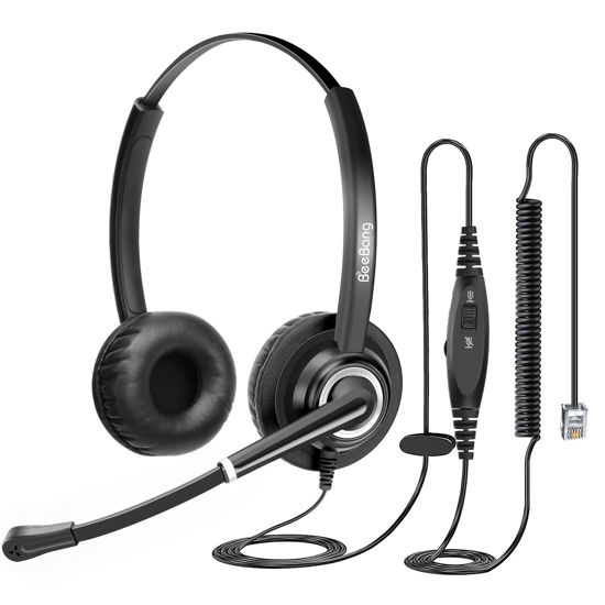 Picture of Beebang Telephone Headset with Microphone Noise Canceling for Office Landline Deskphone, with Mic Mute Volume Controller, Binaural RJ9 Phone Headset for Call Center Polycom Avaya Nortel