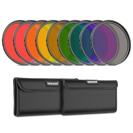 Picture of NEEWER 9PCS Full Color Lens Filter Set, 55mm Resin Lens Filters with Red, Orange, Blue, Yellow, Green, Brown, Purple, Pink, Gray Color Available with 2 Pouches, Camera Lens Accessories