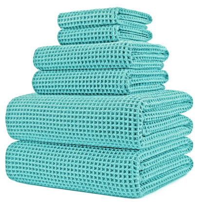 Picture of POLYTE Oversize, 60 x 30 in., Quick Dry Lint Free Microfiber Bath Towel Set, 6 Piece (Agua, Waffle Weave)