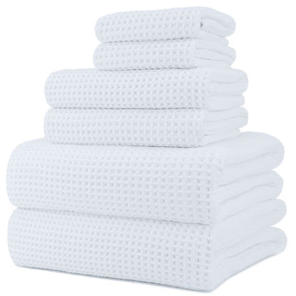 Picture of POLYTE Oversize, 60 x 30 in., Quick Dry Lint Free Microfiber Bath Towel Set, 6 Piece (White, Waffle Weave)