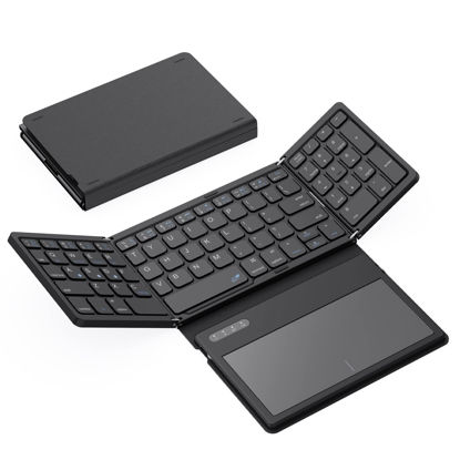 Picture of GEODMAER Foldable Bluetooth Keyboard, Portable Full Size Bluetooth Keyboard with Large Touchpad, Rechargeable Tri-Folding Ultra Slim Travel Keyboard for Windows iOS Android Mac, Sync up to 3 Devices