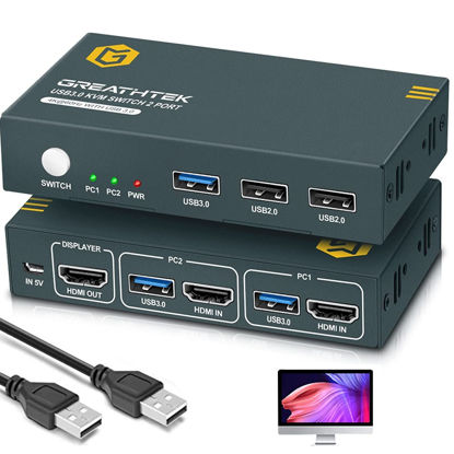 Picture of KVM Switches USB3.0 with 4K@60Hz Ultra HD Resolution, KVM Switch HDMI USB 3.0 Hub, 2 Computers 1 Monitor KVM Switch, Supporting Wireless Keyboard and Mouse, Plug and Play