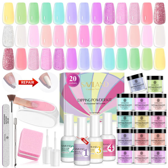 Picture of Saviland 31PCS Dip Powder Nail Kit Starter- 20 Colors Dipping Powder Set &15ml Dip Powder Liquid Set Manicure Tools Kit Colorful Garden Series Dip Nail Powder Starter Kit for Home DIY Nail Salon Prom