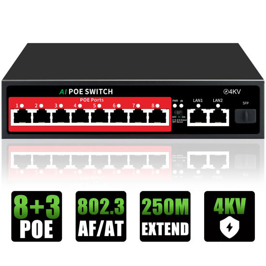 Picture of STEAMEMO 11-Port Ethernet Unmanaged PoE Switch, 8 PoE+ Ports@100W, 2 Gigabit Uplinks, 1*1.25G SFP Port, 250m Extend Mode, Fanless Sturdy Metal ,Plug and Play, Desktop or Wall Mount