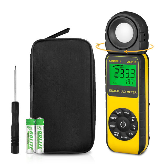 Picture of Light Meter LYCEBELL LC-881E Digital Illuminance Meter, Range up to 300,000 Lux with 270º Rotatable Detector Date Hold Max/Min Backlit for Photography Plant LED Lumen