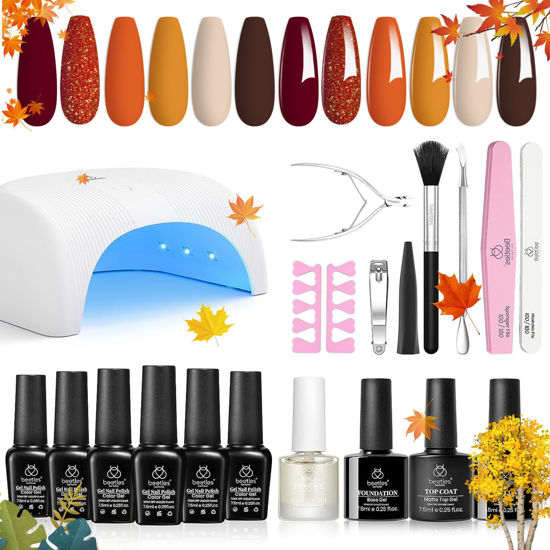 Picture of beetles Gel Polish Starter Kit with Uv Light, 6 Colors Sunny Stroll Red Yellow Neon Orange Glitter Manicure Set Base Top Coat Cuticle Oil Matte Accessories Soak Off Led for Women Girls Golden Journey