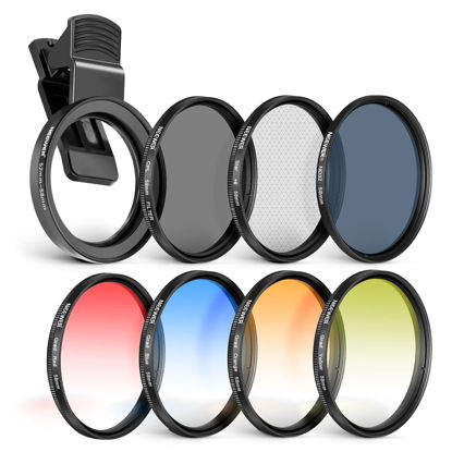 Picture of NEEWER 58mm Lens Filter Kit with Phone Lens Clip, CPL, ND32, 6 Point Star Filter, Graduated Filters (4 Colors), Compatible with iPhone 14 Pro Max 13 12 11 & Canon Nikon Sony Cameras