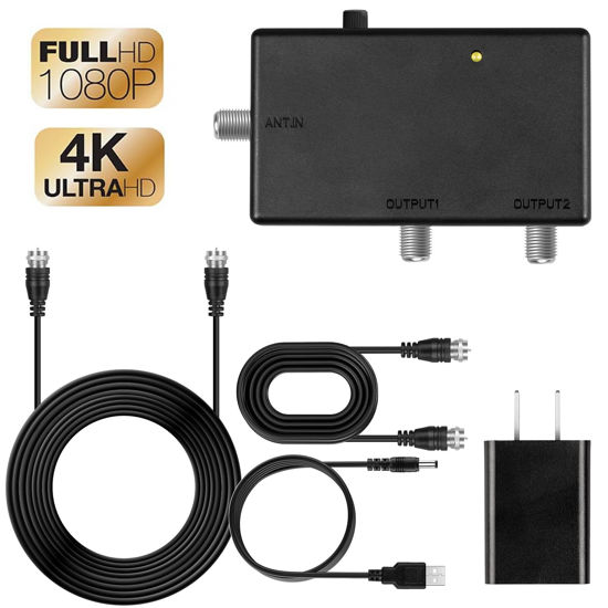 Picture of 30db,Distribution Amplifier, TV Antenna Amplifier Signal Booster,Adjustable Boost/Gain, NTSC, ATSC, FM, UHF, VHF - 870 MHz,1 ft+16ft RG-6 Coaxial Cable Adapter