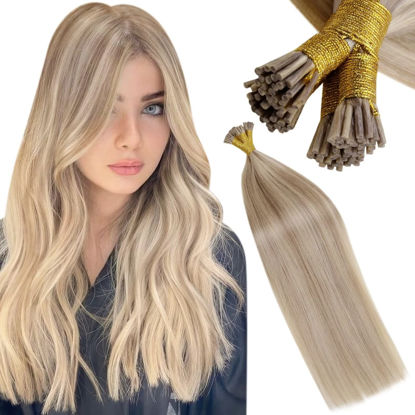 Picture of LAAVOO I Tip Hair Extensions Human Hair Ash Blonde Highlight Golden Blonde Itip Human Hair Extensions Blonde I Tip Real Hair Extensions Straight 14inch 40g/50s