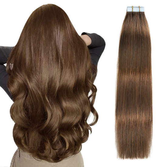 Picture of SUYYA Tape in Hair Extensions Remy Human Hair Chocolate Brown Color 14 inches 40g 20pcs Straight Seamless Skin Weft Tape in Human Hair Extensions(14 inches #4 Dark Brown)