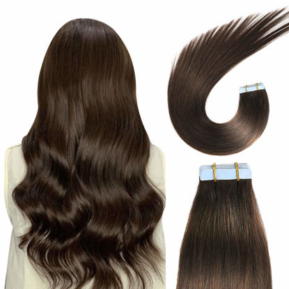 Picture of SUYYA Tape in Hair Extensions Human Hair 14 inches Darkest Brown 40g/pack 20pcs Straight Seamless Skin Weft Tape in Human Hair Extensions(14 inches #2 Darkest Brown)