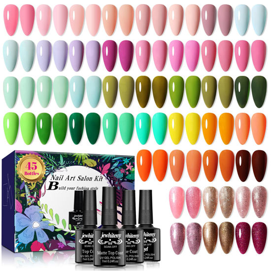 Picture of JEWHITENY 45Pcs Gel Nail Polish Set, 42 colors 7ml Gel Polish Soak Off Nude Green Purple Orange Gitter with Glossy&Matte Top Base Coat Nail Polish Kit Beauty Gifts Set for Women Girls