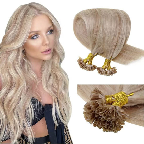 Picture of LAAVOO U Tip Hair Extensions Human Hair Highlight Ash Blonde Mix Bleach Blonde U Tip Hair Extensions Remy Straight 14 Inch 50g 50s