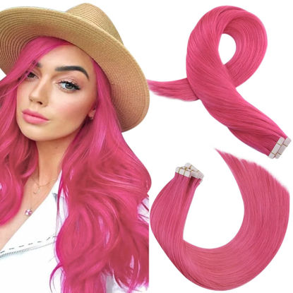 Picture of Moresoo Tape in Extensions Human Hair Pink Tape in Hair Extensions Real Human Hair Hot Pink Tape in Human Hair Extensions Glue in Remy Hair Extensions Tape in Straight Hair 20 Inch 10pcs 25g